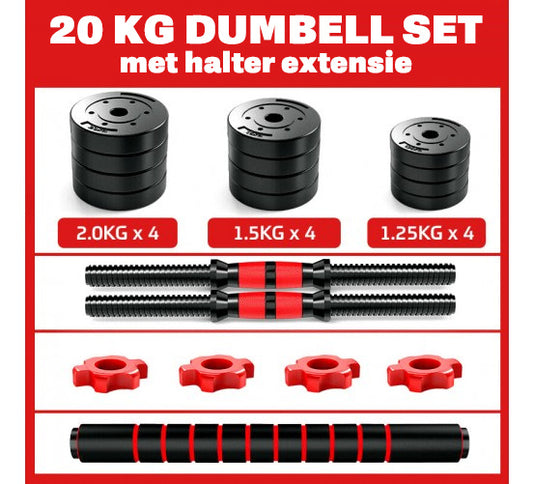 Halterset 20kg - kunststof - verstelbare dumbbellset - ⌀25 mm - inclusief schroefklemmen - zwart/rood