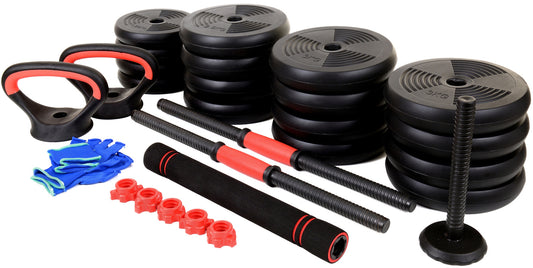Halterset 40kg - verstelbare dumbbellset met kettlebel - ⌀25 mm - inclusief schroefklemmen - zwart/rood
