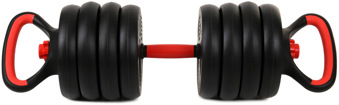 Halterset 40kg - verstelbare dumbbellset met kettlebel - ⌀25 mm - inclusief schroefklemmen - zwart/rood