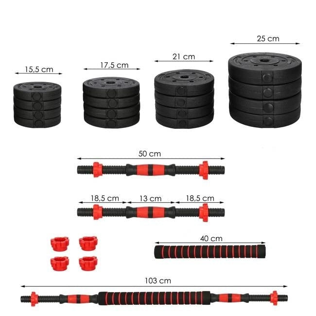 Halterset 40kg - kunststof - verstelbare dumbbellset - ⌀25 mm - inclusief schroefklemmen - zwart/rood