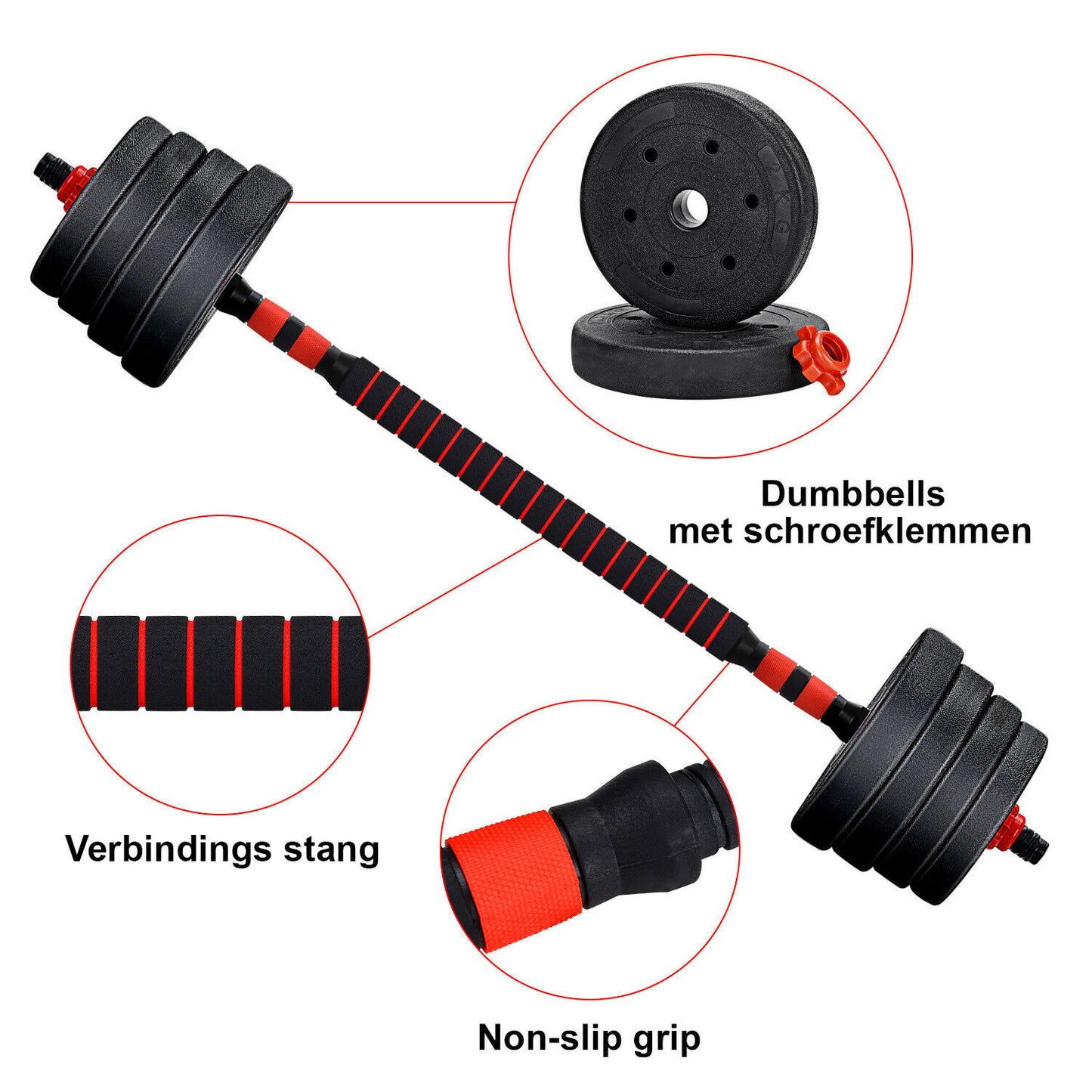 Halterset 30kg - kunststof - verstelbare dumbbellset - ⌀30 mm - inclusief schroefklemmen - zwart/rood