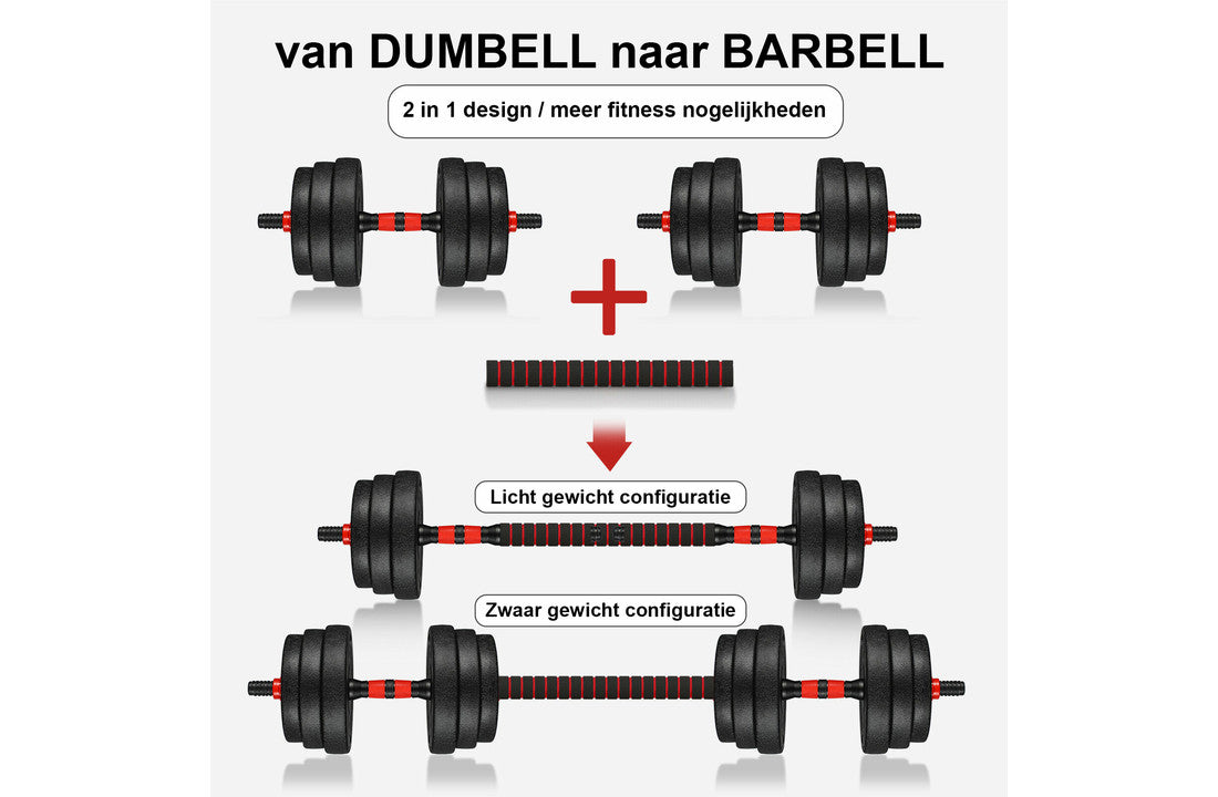 Halterset 30kg - kunststof - verstelbare dumbbellset - ⌀30 mm - inclusief schroefklemmen - zwart/rood