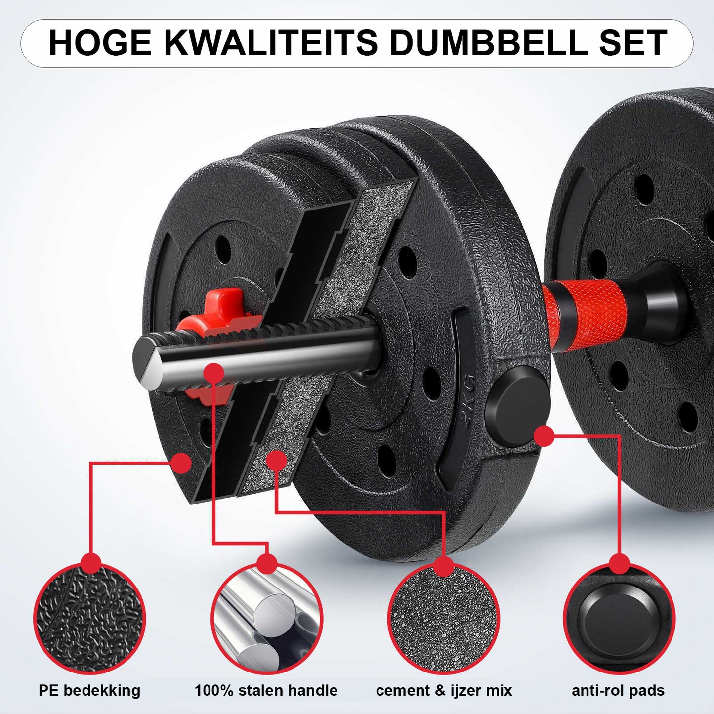 Halterset 30kg - kunststof - verstelbare dumbbellset - ⌀30 mm - inclusief schroefklemmen - zwart/rood