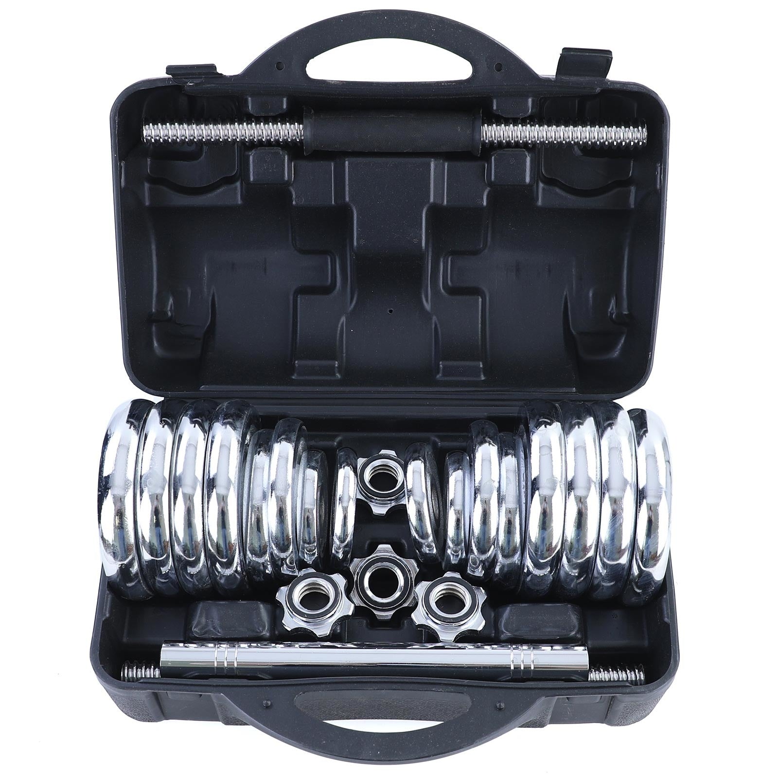 Halterset 30kg - gietijzer - verstelbare dumbbellset - geschikt voor ⌀24 - 26 mm - inclusief koffer - chroom