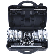 Halterset 30kg - gietijzer - verstelbare dumbbellset - geschikt voor ⌀24 - 26 mm - inclusief koffer - chroom