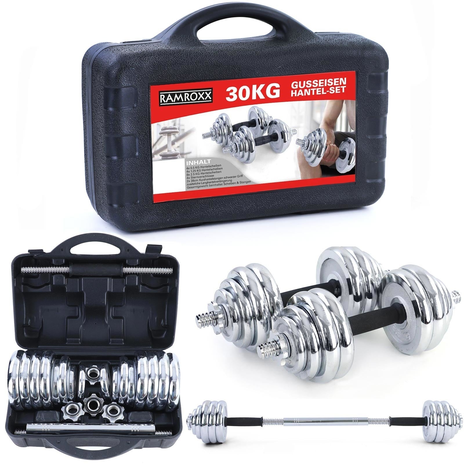 Great Gainz halterset met stang 30 kg chroom in koffer met schroefklemmen ideaal voor krachttraining thuis