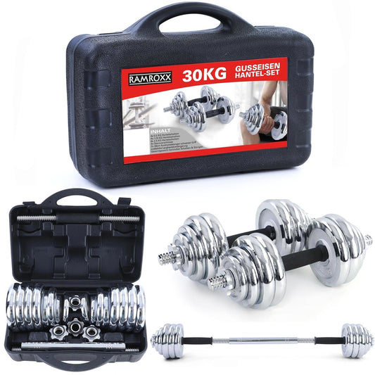 Great Gainz halterset met stang 30 kg chroom in koffer met schroefklemmen ideaal voor krachttraining thuis