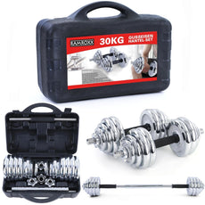 Great Gainz halterset met stang 30 kg chroom in koffer met schroefklemmen ideaal voor krachttraining thuis