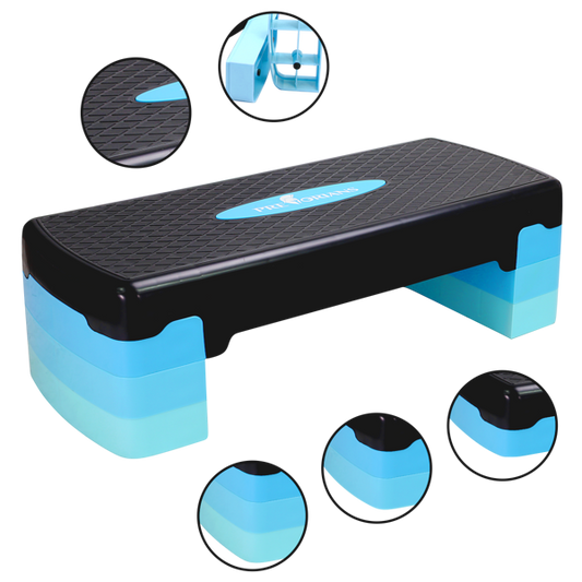 Verstelbare Aerobic stepper - Fitness step - 3 verschillende hoogtes - 67 x 27 x 10/15/20 cm - blauw