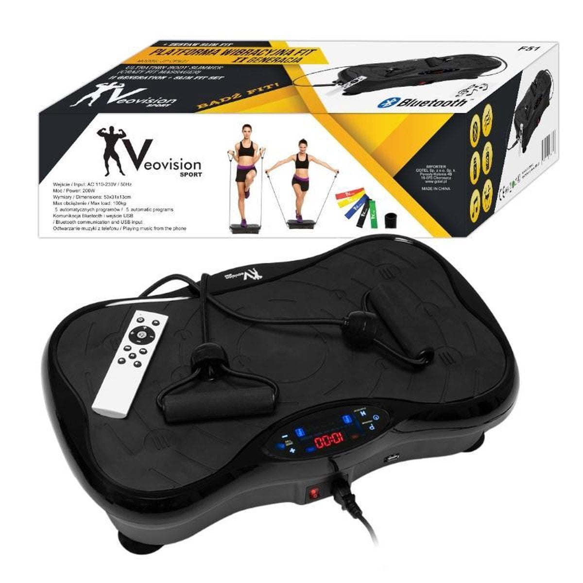 Fitness trilplaat met 2 elastische clip-on trekkoorden en 180 trillingsniveau's inclusief USB-ingang en Bluetooth
