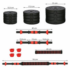 Halterset 20kg - kunststof - verstelbare dumbbellset - ⌀25 mm - inclusief schroefklemmen - zwart/rood