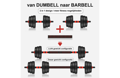 Halterset 30kg - kunststof - verstelbare dumbbellset - ⌀30 mm - inclusief schroefklemmen - zwart/rood
